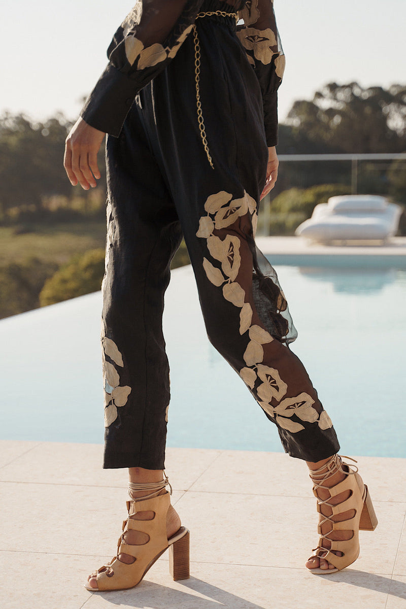 Rocks Off Linen + Organza Jumpsuit With Floral Appliqués - Chasing Unicorns