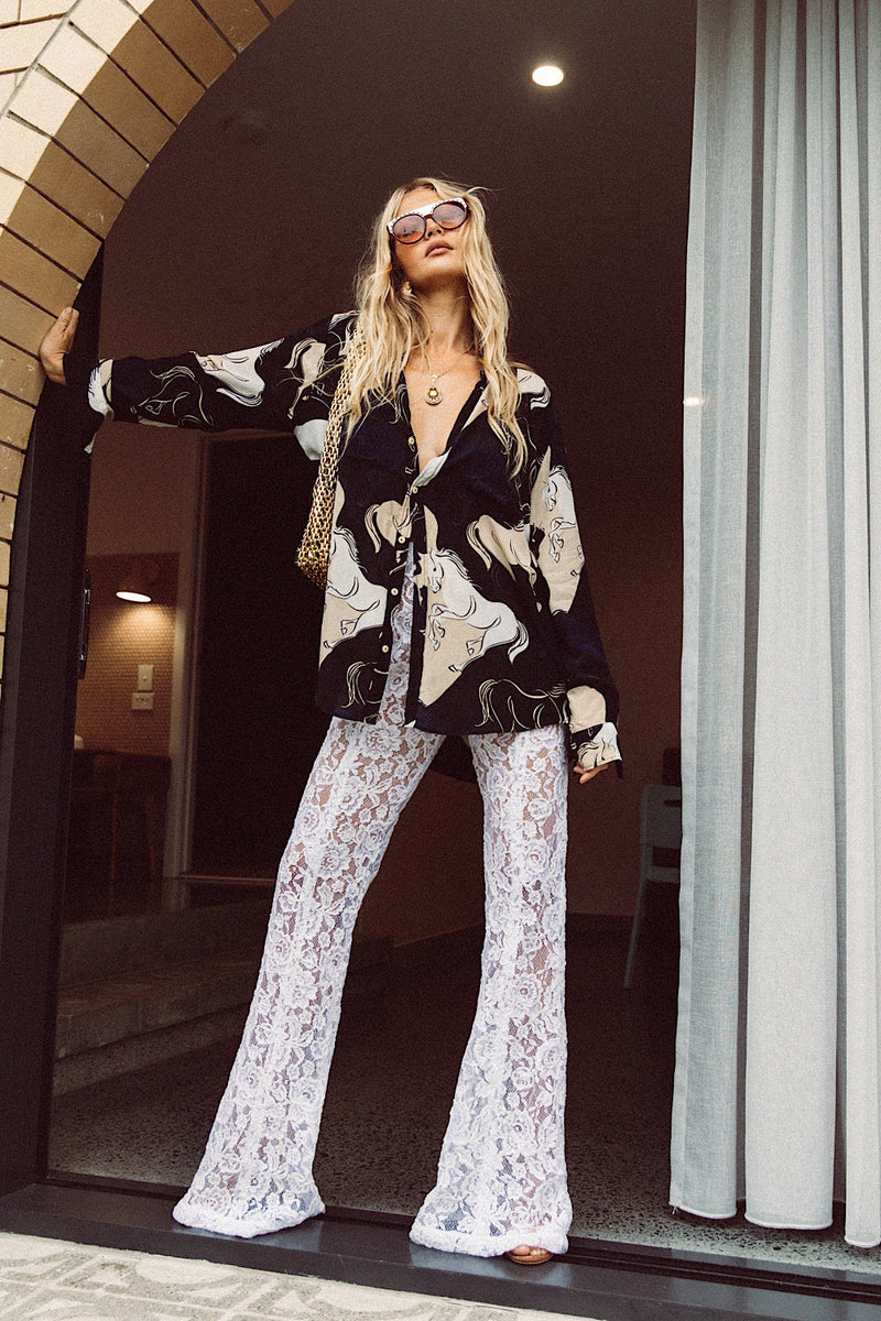 Runaway Horses Silk Crepe Oversized Shirt - Black - Chasing Unicorns