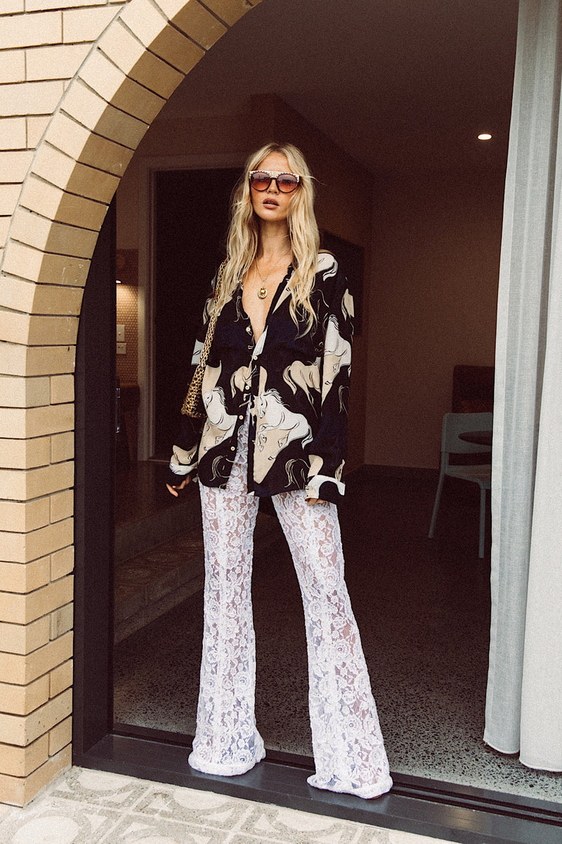 Runaway Horses Silk Crepe Oversized Shirt - Black - Chasing Unicorns