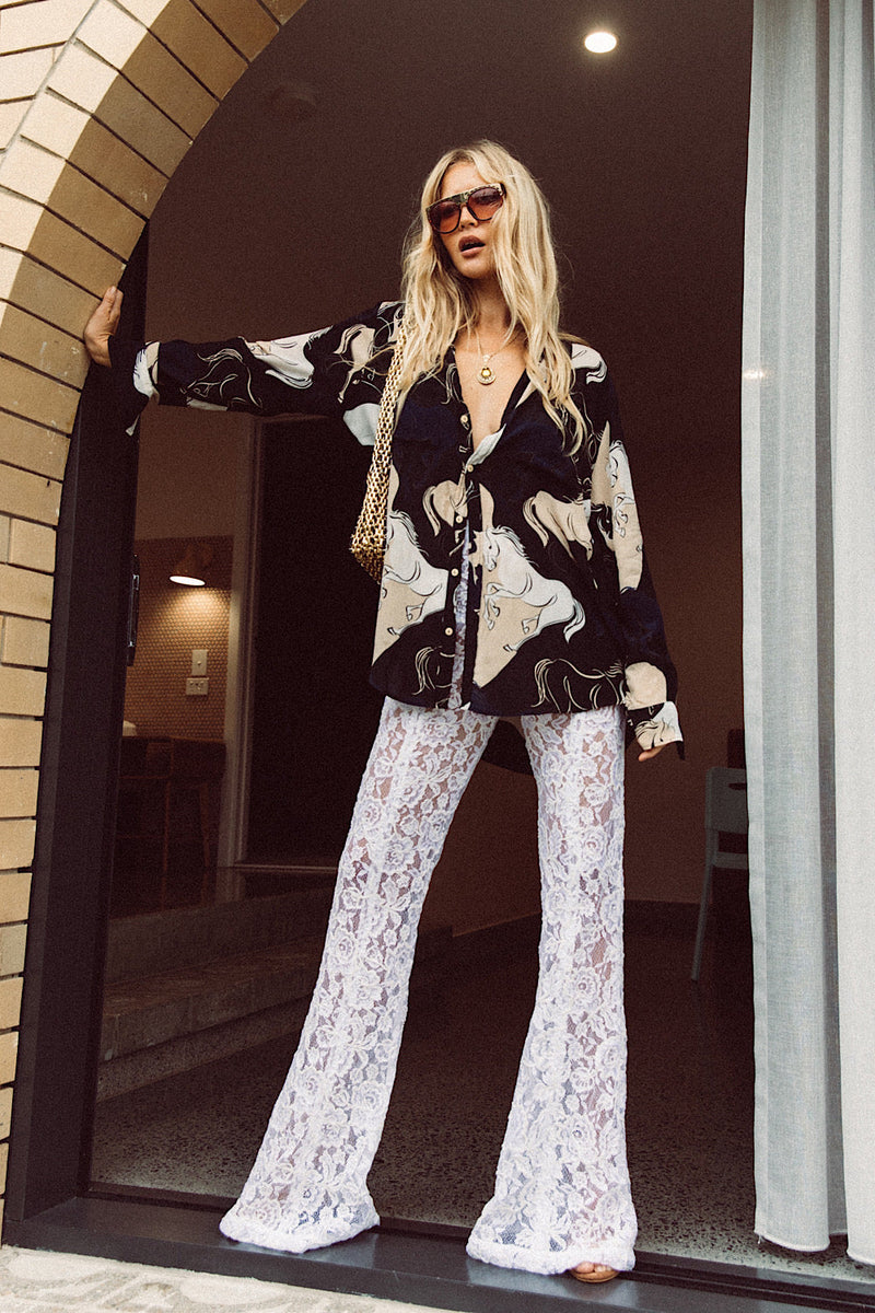 Runaway Horses Silk Crepe Oversized Shirt - Black - Chasing Unicorns