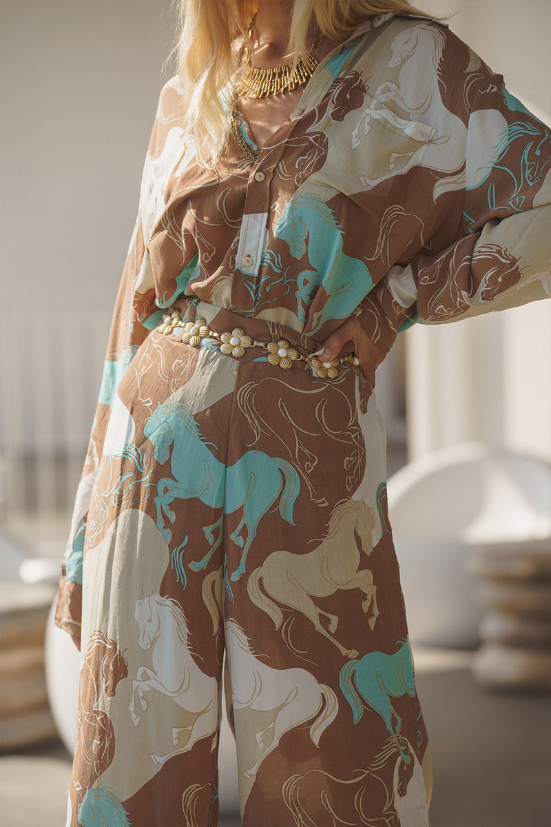 Runaway Horses Silk Crepe Oversized Shirt - Chasing Unicorns