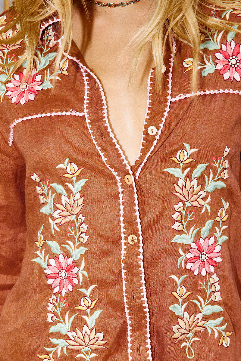 San Antonio Rose Linen Embroidered Blouse - Chasing Unicorns