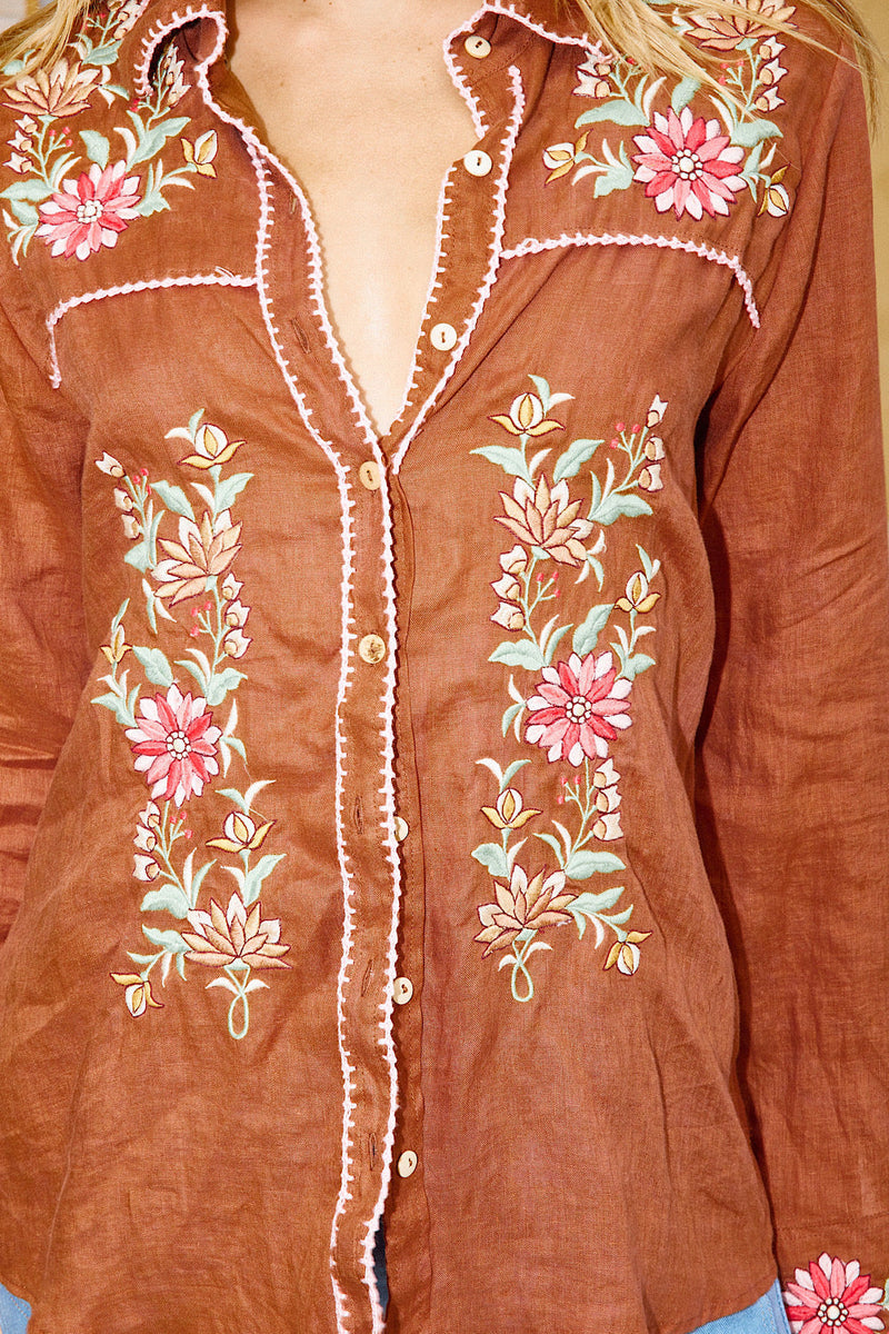 San Antonio Rose Linen Embroidered Blouse - Chasing Unicorns