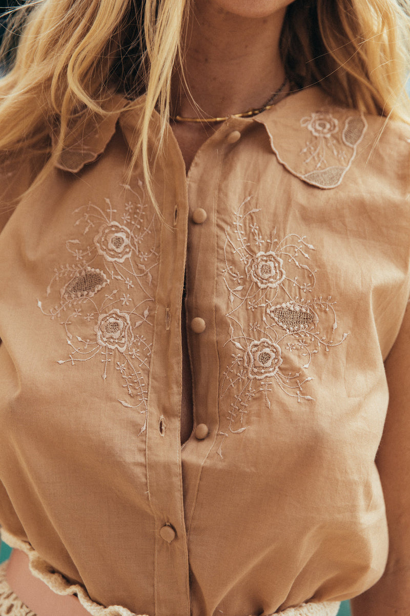 Shadows And Light Embroidered Blouse - Latte - Chasing Unicorns