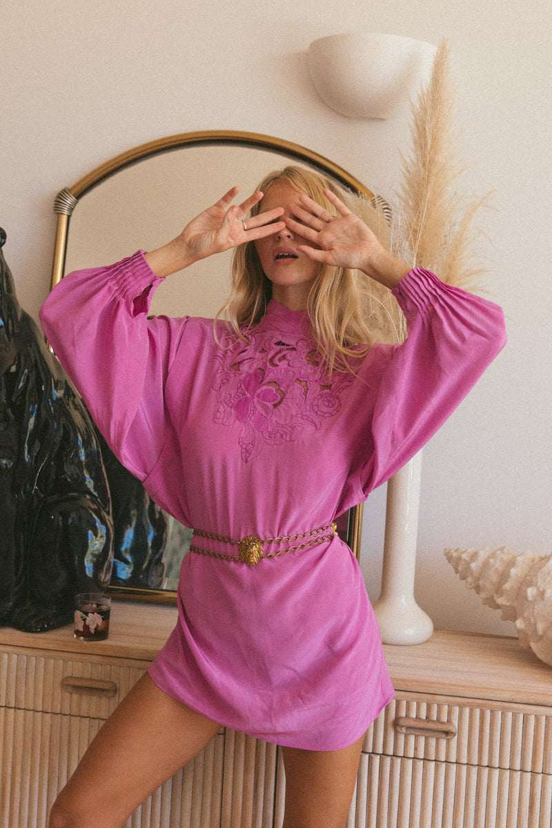 She Makes My Day Silk + Cutwork Mini Dress - Orchid - Chasing Unicorns