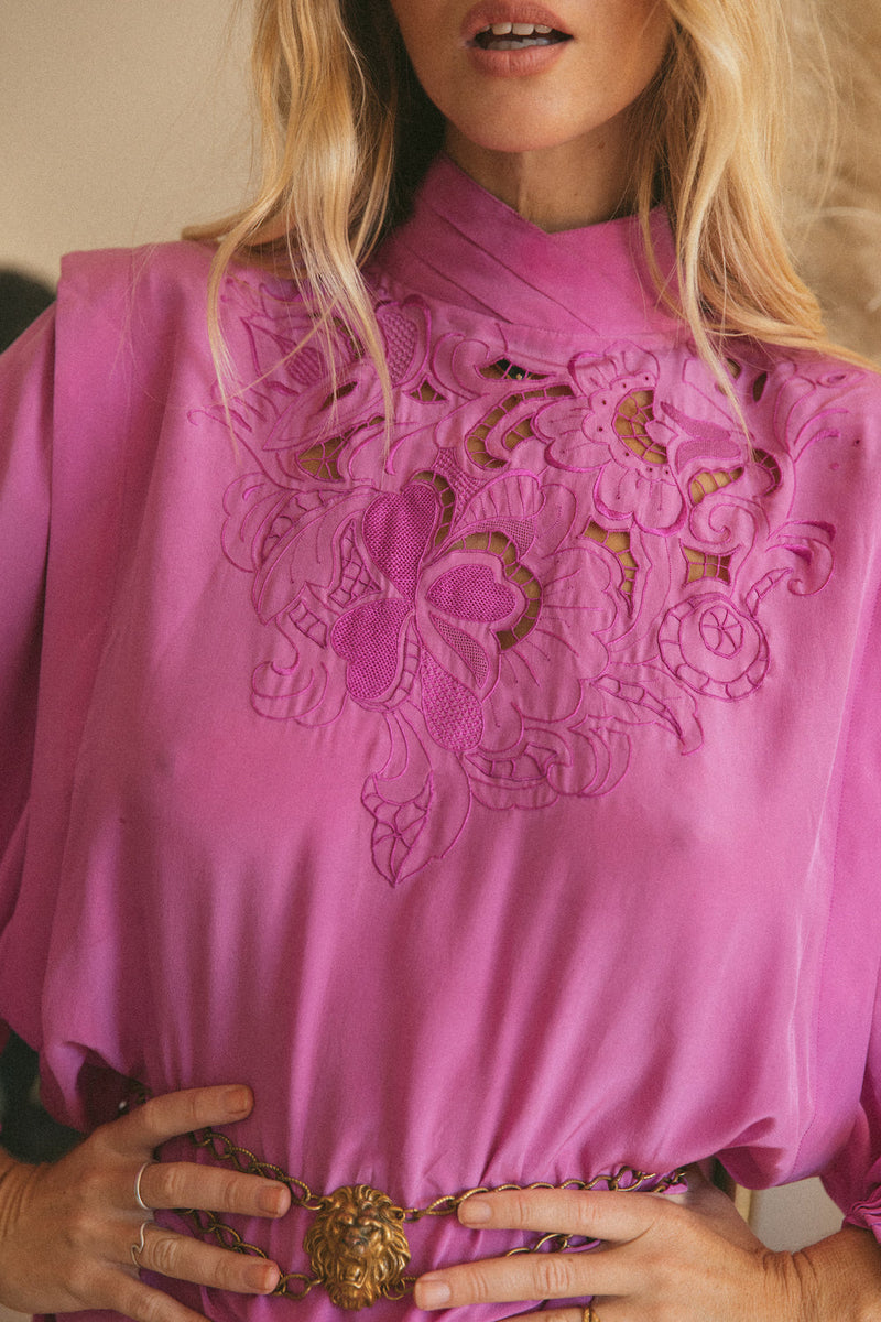 She Makes My Day Silk + Cutwork Mini Dress - Orchid - Chasing Unicorns