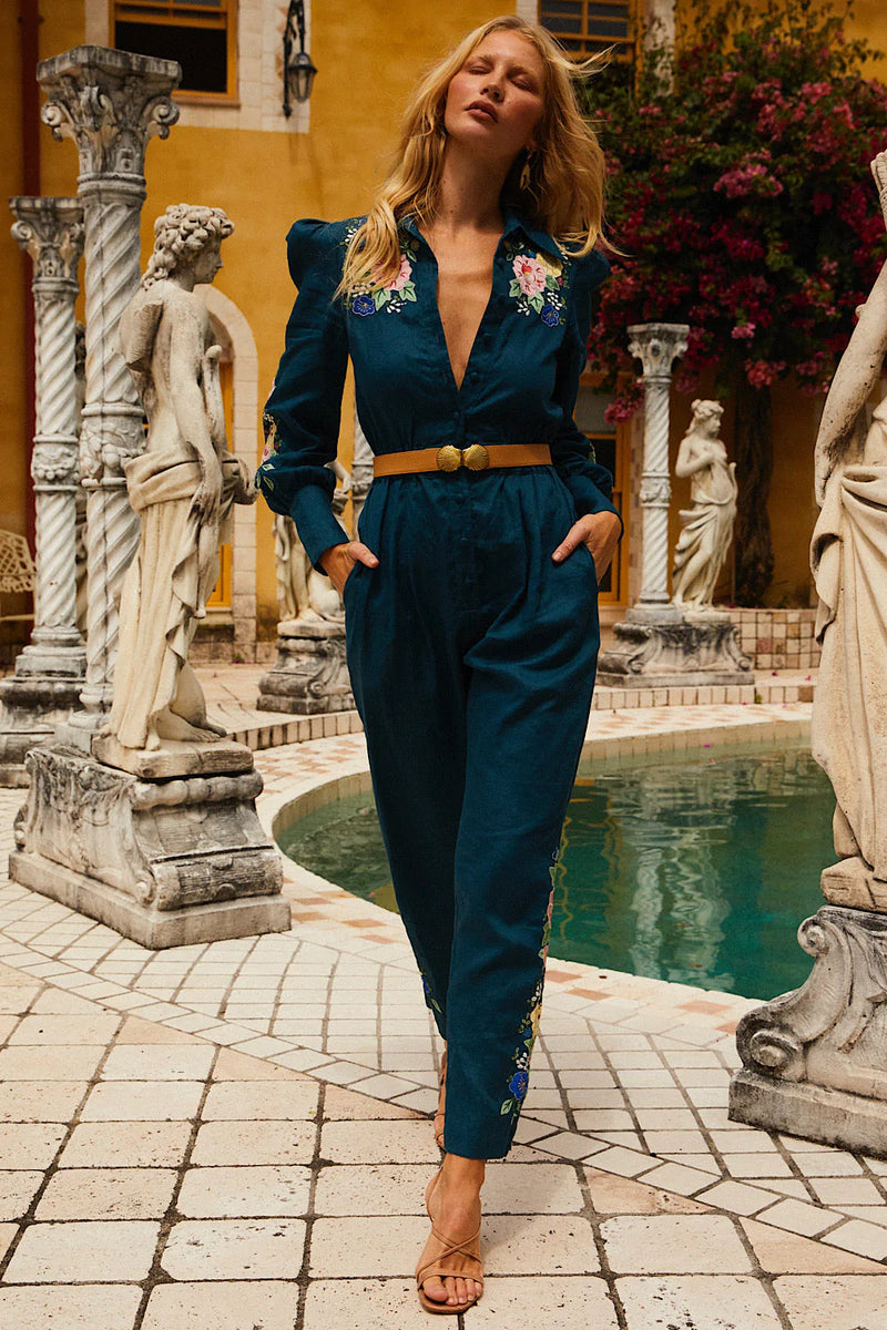 🧡 She Rides Wild Horses Linen Appliqué Jumpsuit - Chasing Unicorns