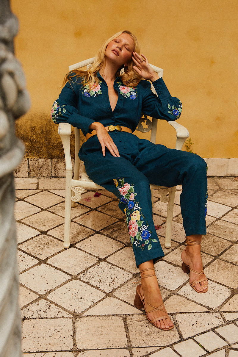 🧡 She Rides Wild Horses Linen Appliqué Jumpsuit - Chasing Unicorns