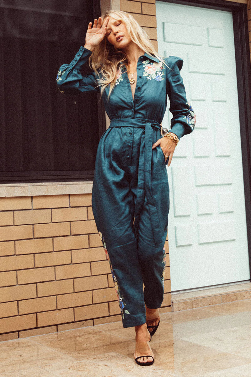 🧡 She Rides Wild Horses Linen Appliqué Jumpsuit - Chasing Unicorns