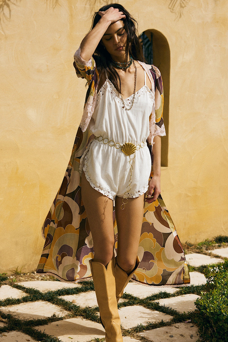 Should’ve Been A Cowboy Cotton Gauze Cutwork Embroidered Romper - Chasing Unicorns