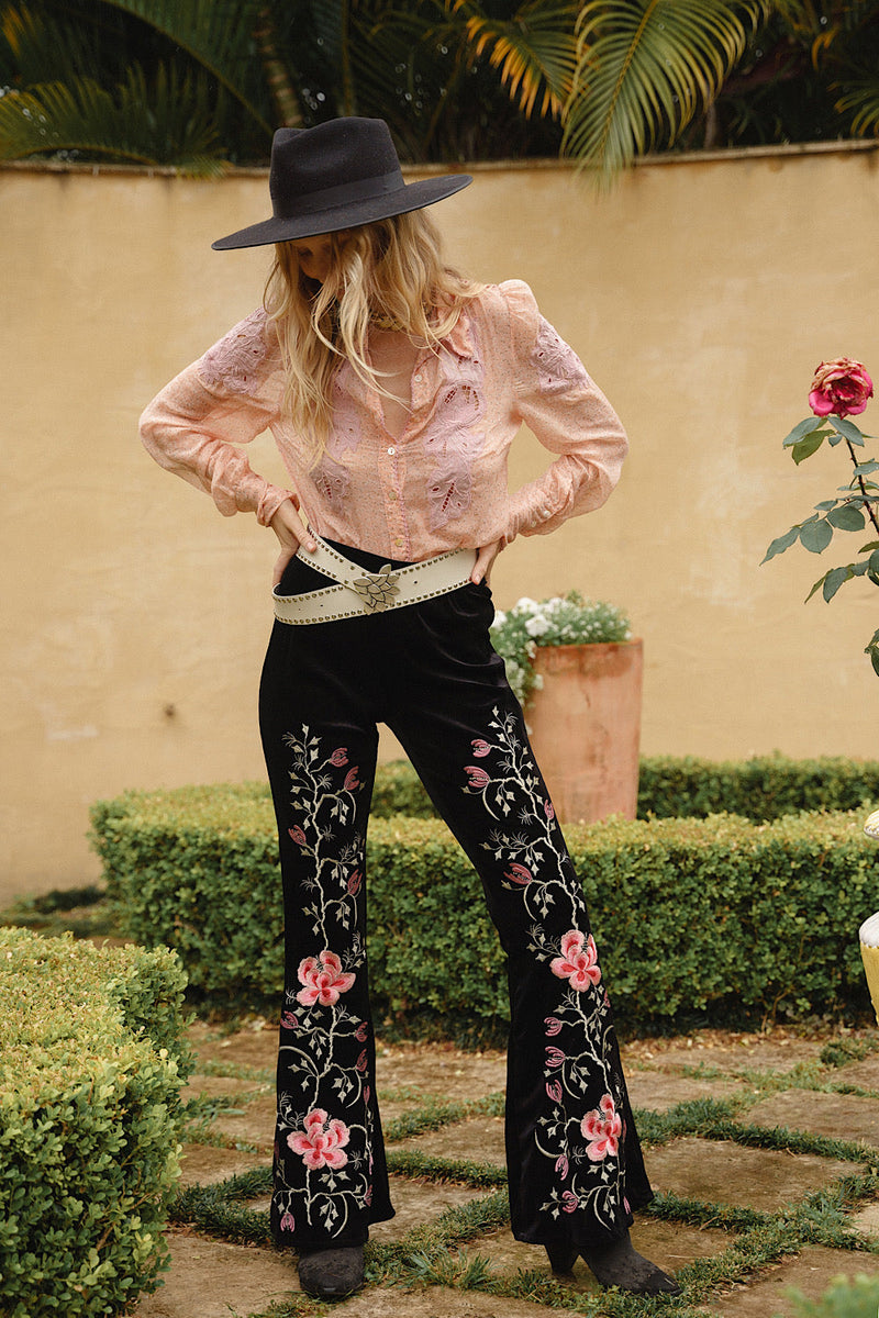 Since You'Ve Been Gone Embroidered Stretch Velvet Flares - Chasing Unicorns