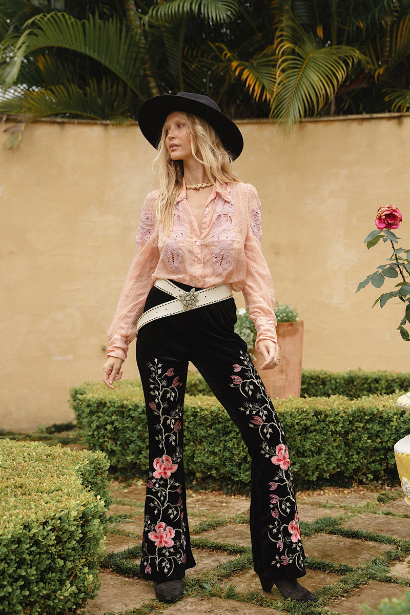 Since You'Ve Been Gone Embroidered Stretch Velvet Flares - Chasing Unicorns