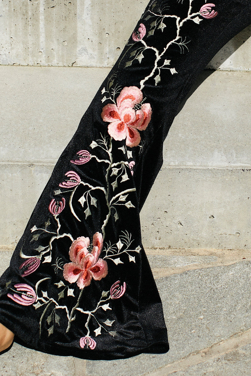 Since You'Ve Been Gone Embroidered Stretch Velvet Flares - Chasing Unicorns