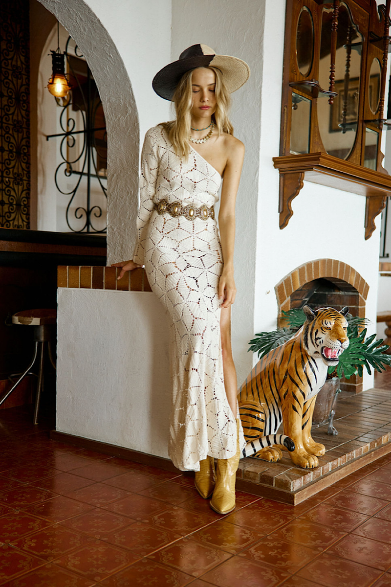 Sisters Of The Moon One Shoulder Crochet Maxi Dress - Chasing Unicorns