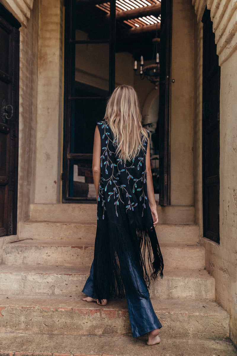 Smoke On The Water Beaded + Fringe Vest - Midnight - Chasing Unicorns