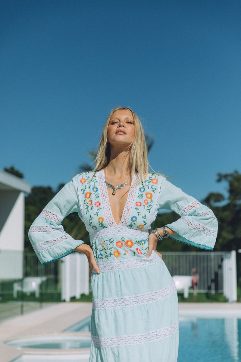 South Of The Border Mexican Maxi Dress - Aqua - Chasing Unicorns