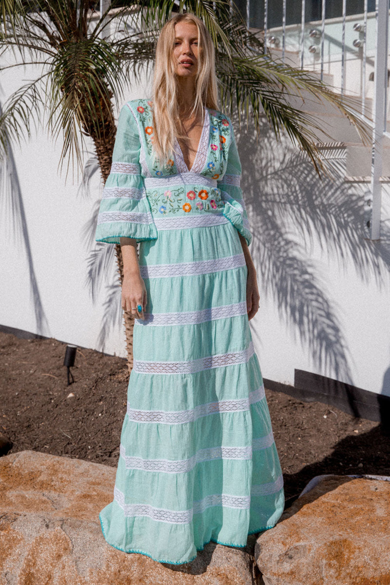 South Of The Border Mexican Maxi Dress - Aqua - Chasing Unicorns