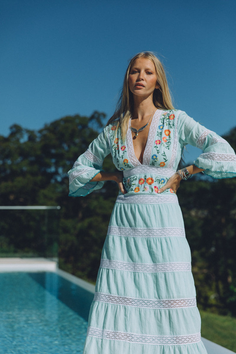 South Of The Border Mexican Maxi Dress - Aqua - Chasing Unicorns