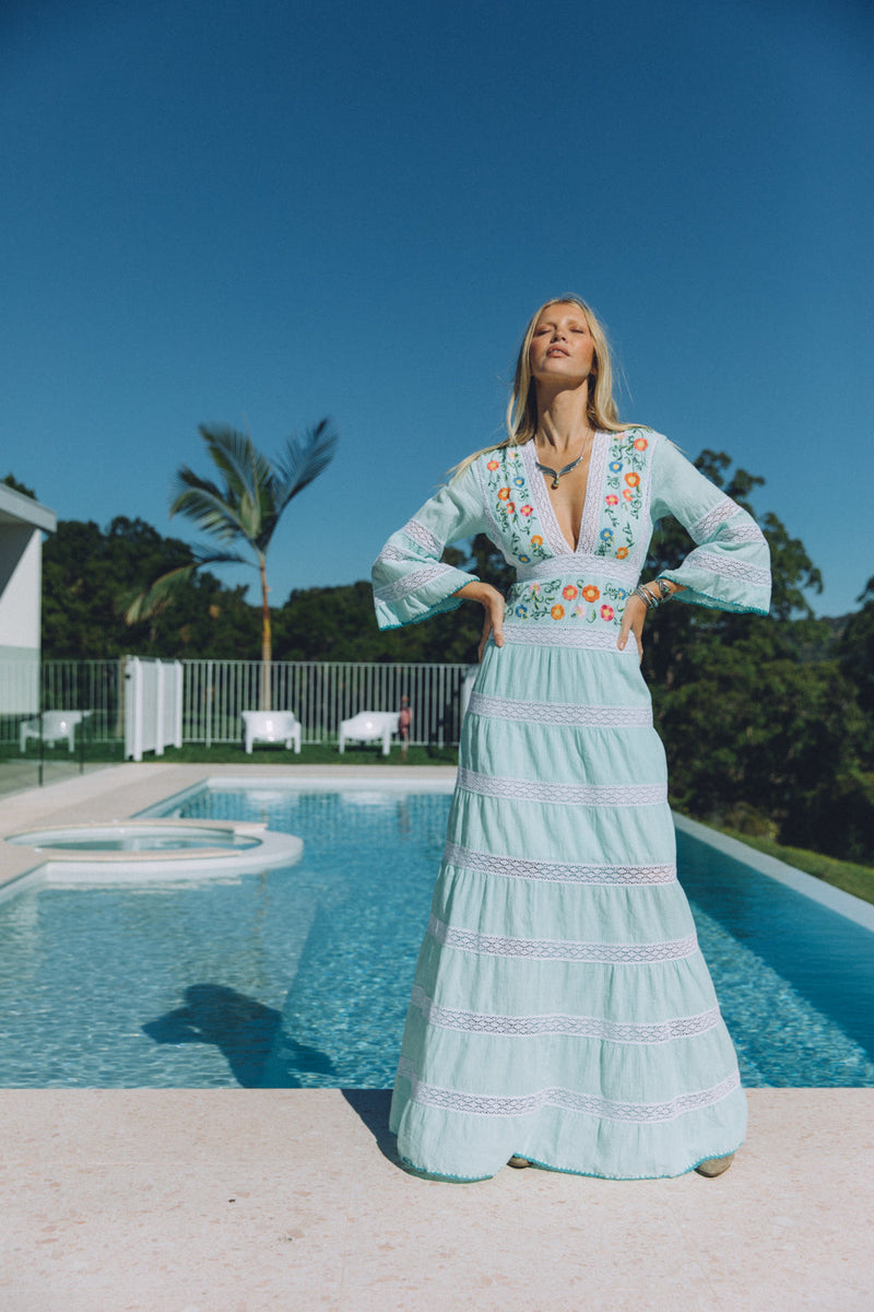 South Of The Border Mexican Maxi Dress - Aqua - Chasing Unicorns