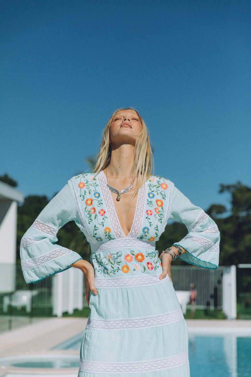 South Of The Border Mexican Maxi Dress - Aqua - Chasing Unicorns