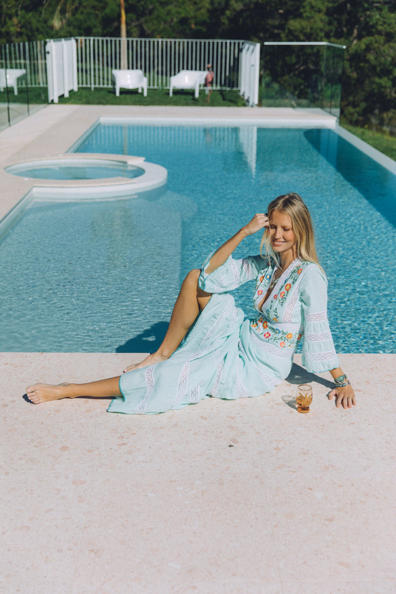 South Of The Border Mexican Maxi Dress - Aqua - Chasing Unicorns