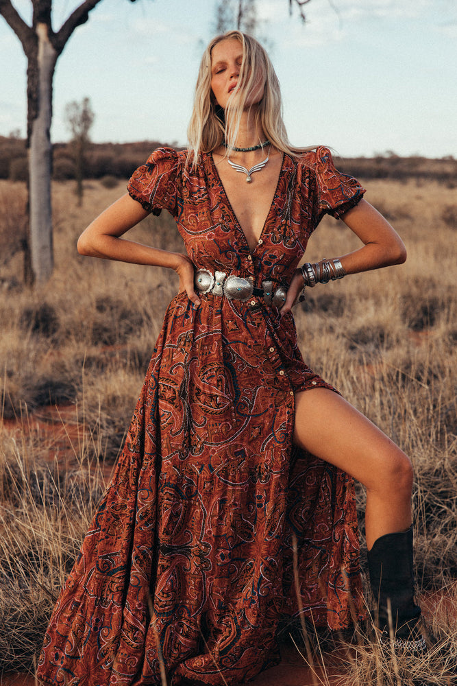 Spanish Moon Paisley Maxi Dress - rust