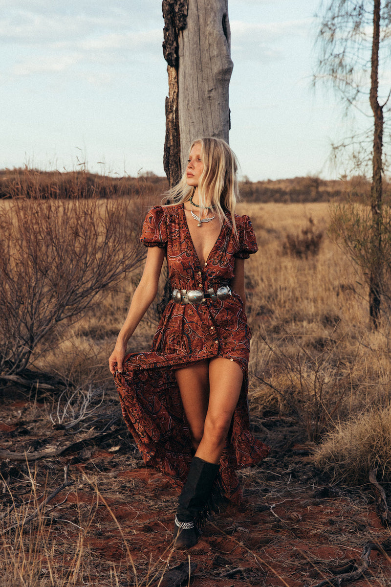Spanish Moon Paisley Maxi Dress - rust - Chasing Unicorns