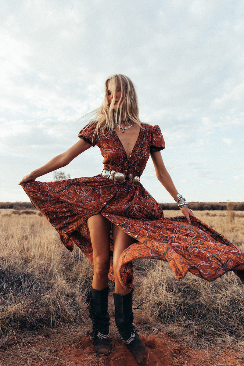 Spanish Moon Paisley Maxi Dress - rust - Chasing Unicorns