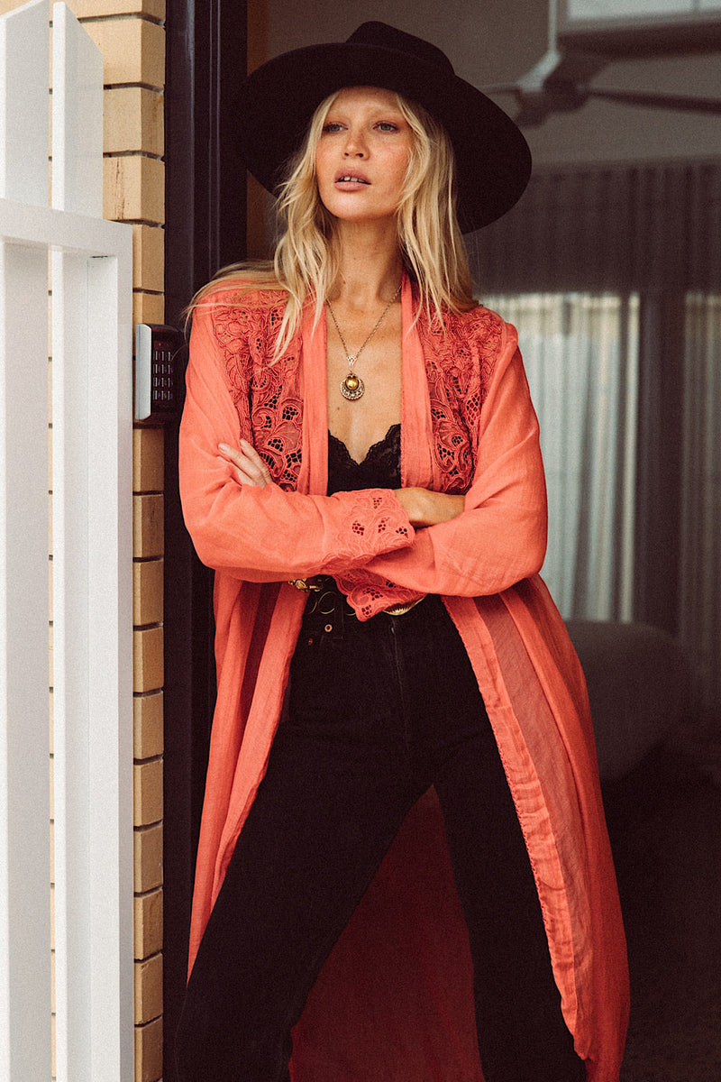 Stand Back Embroidered And Beaded Cotton Duster - Coral - Chasing Unicorns