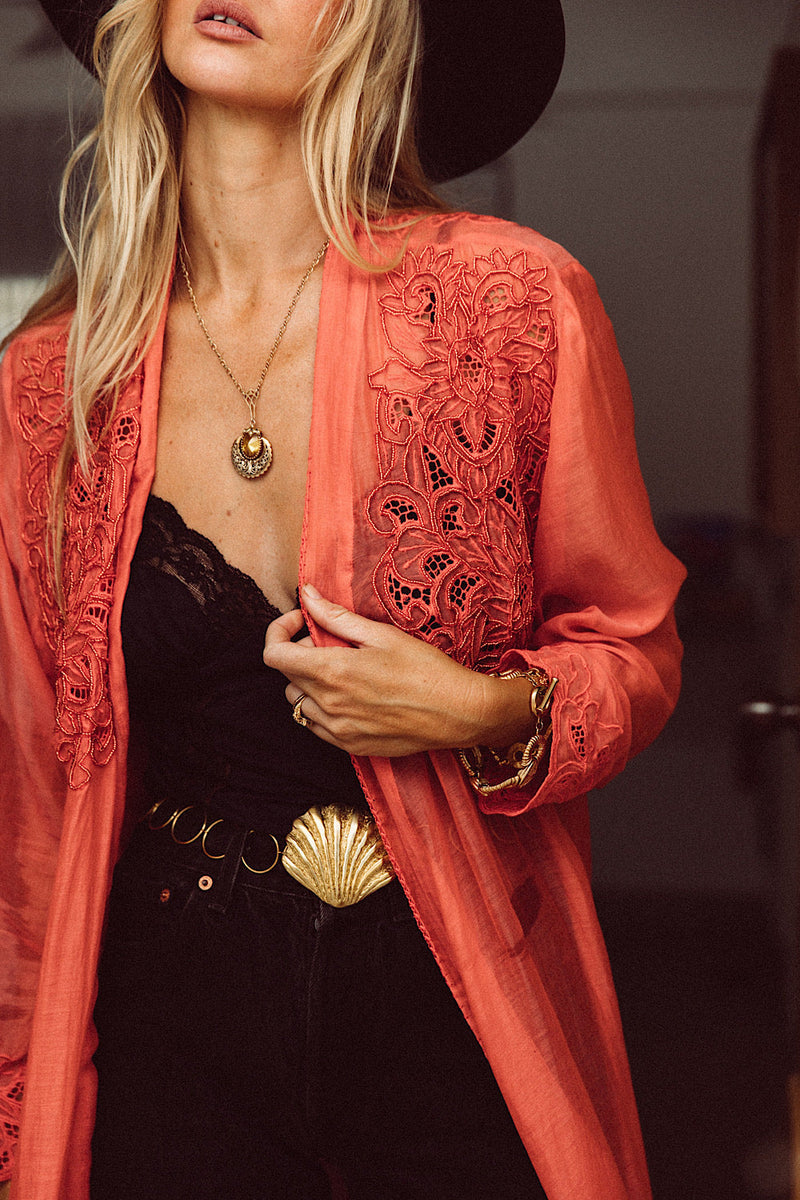 Stand Back Embroidered And Beaded Cotton Duster - Coral - Chasing Unicorns