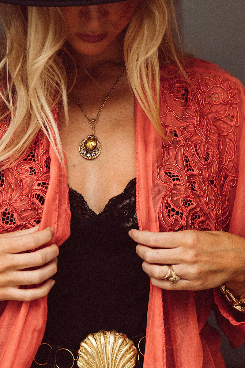 Stand Back Embroidered And Beaded Cotton Duster - Coral - Chasing Unicorns