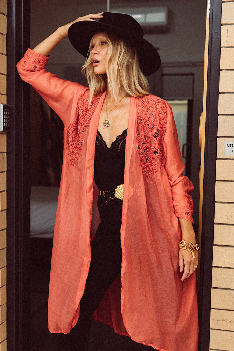 Stand Back Embroidered And Beaded Cotton Duster - Coral - Chasing Unicorns