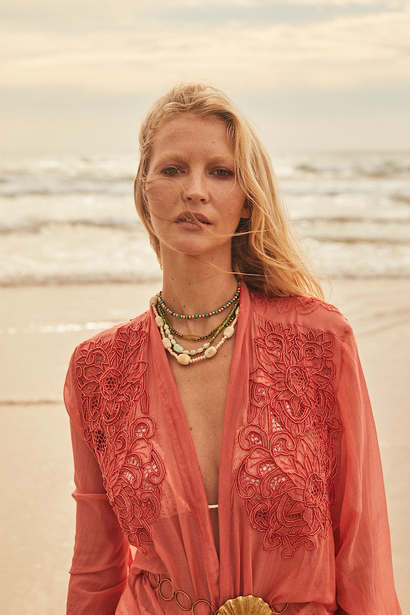 Stand Back Embroidered And Beaded Cotton Duster - Coral - Chasing Unicorns