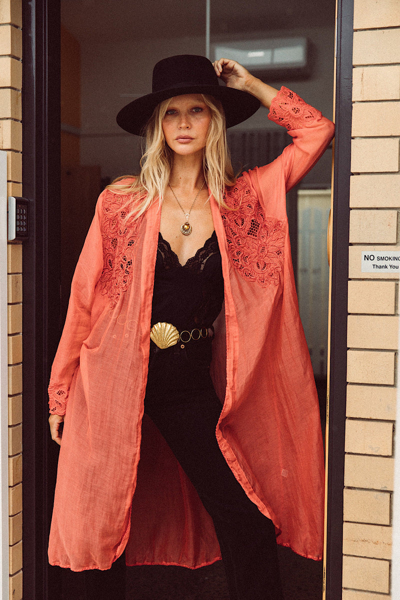 Stand Back Embroidered And Beaded Cotton Duster - Coral - Chasing Unicorns