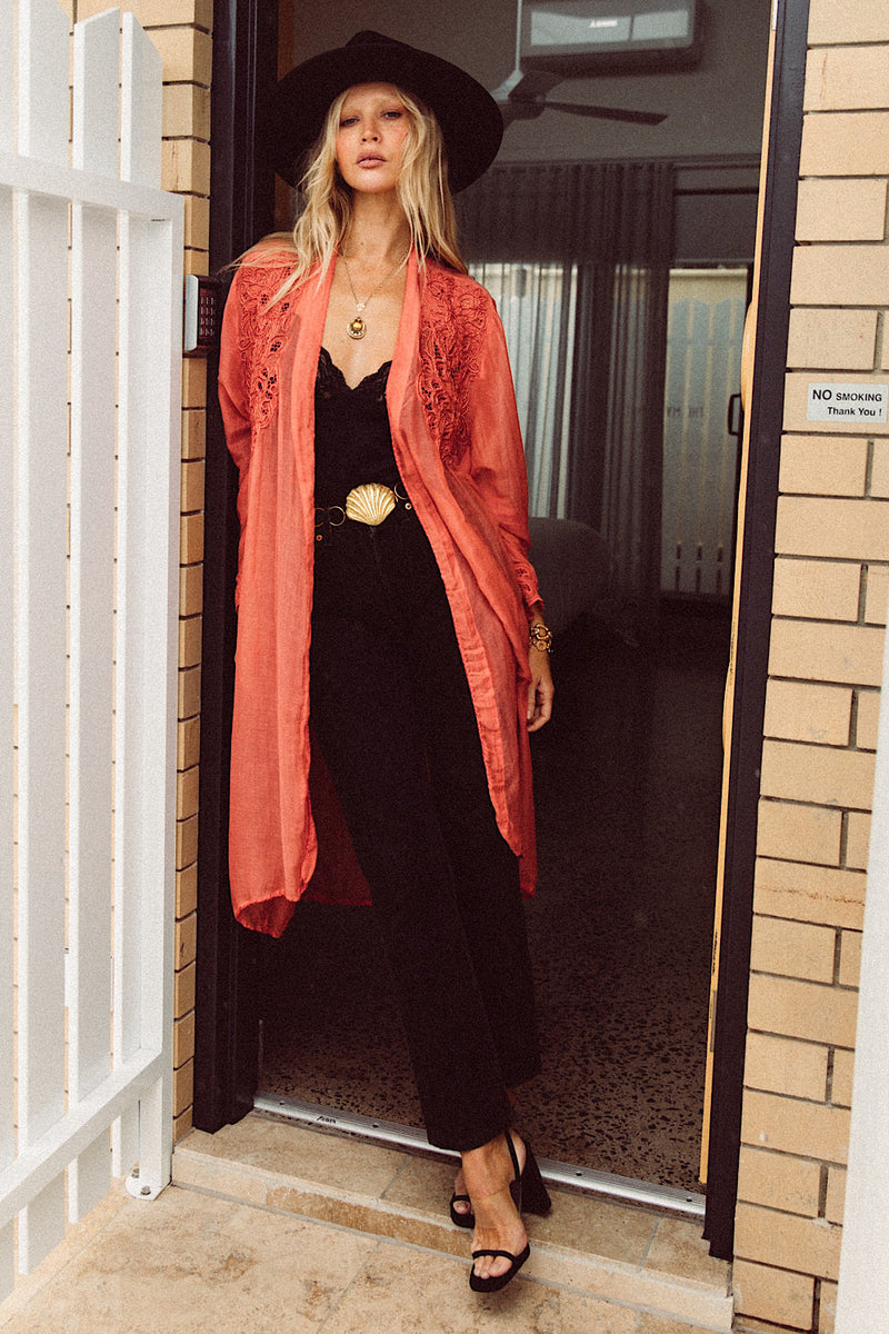 Stand Back Embroidered And Beaded Cotton Duster - Coral - Chasing Unicorns