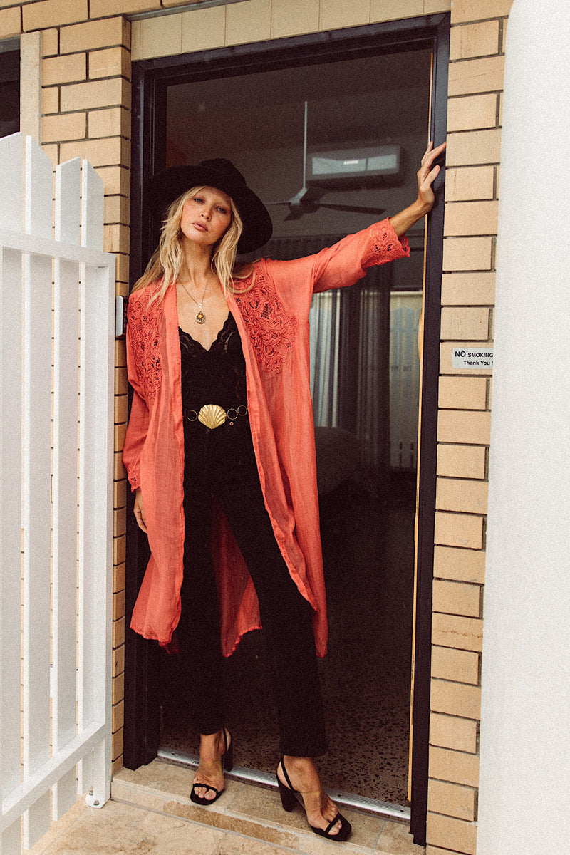 Stand Back Embroidered And Beaded Cotton Duster - Coral - Chasing Unicorns