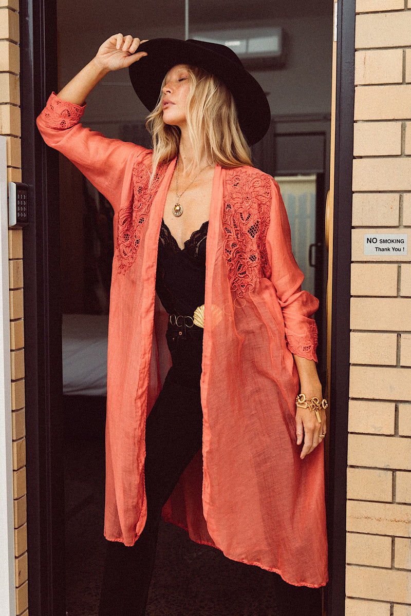 Stand Back Embroidered And Beaded Cotton Duster - Coral - Chasing Unicorns