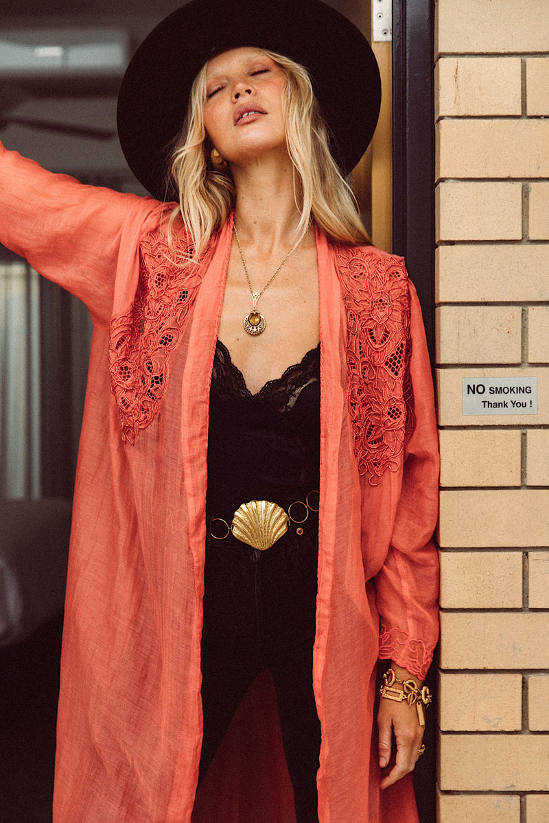 Stand Back Embroidered And Beaded Cotton Duster - Coral - Chasing Unicorns