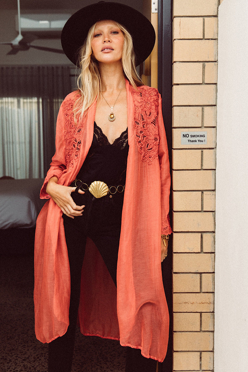 Stand Back Embroidered And Beaded Cotton Duster - Coral - Chasing Unicorns