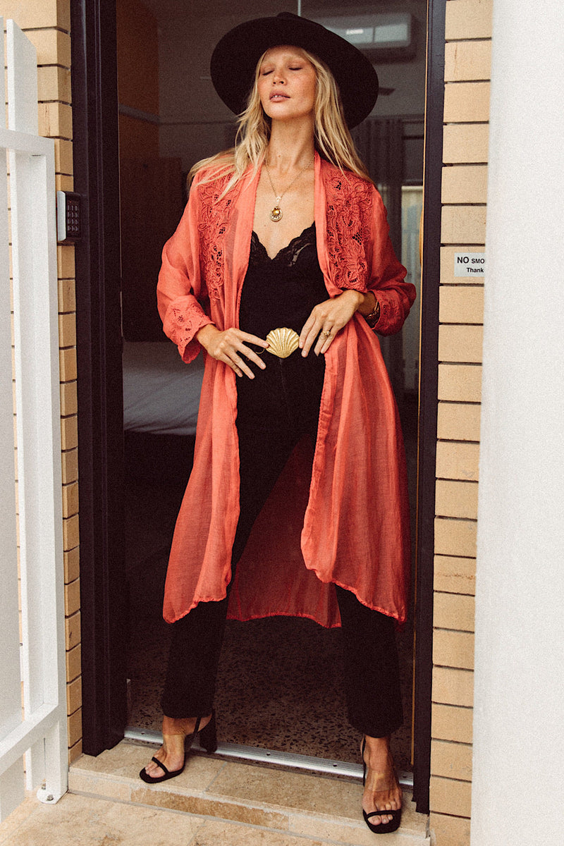 Stand Back Embroidered And Beaded Cotton Duster - Coral - Chasing Unicorns