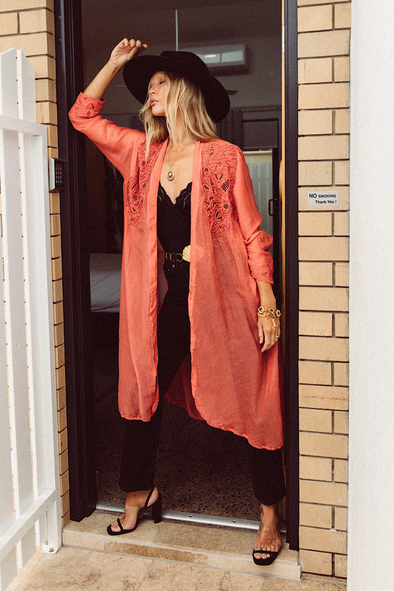 Stand Back Embroidered And Beaded Cotton Duster - Coral - Chasing Unicorns