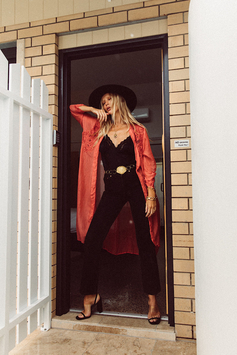 Stand Back Embroidered And Beaded Cotton Duster - Coral - Chasing Unicorns