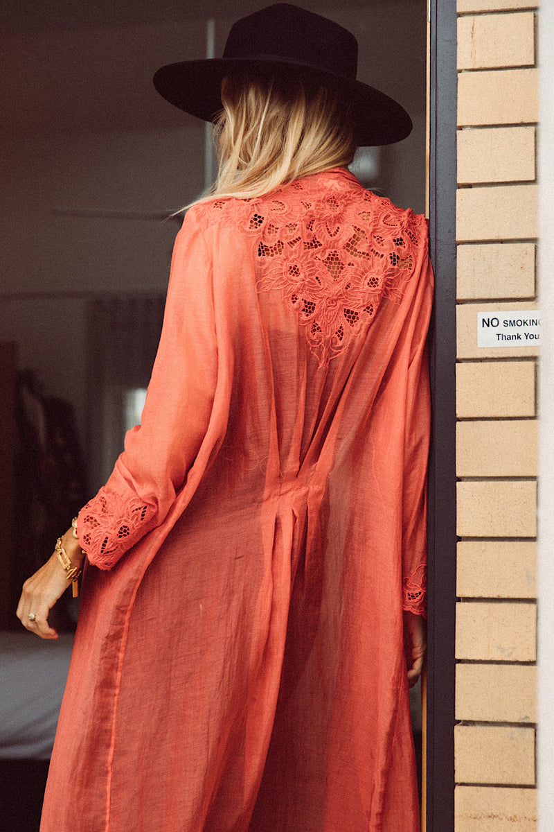 Stand Back Embroidered And Beaded Cotton Duster - Coral - Chasing Unicorns