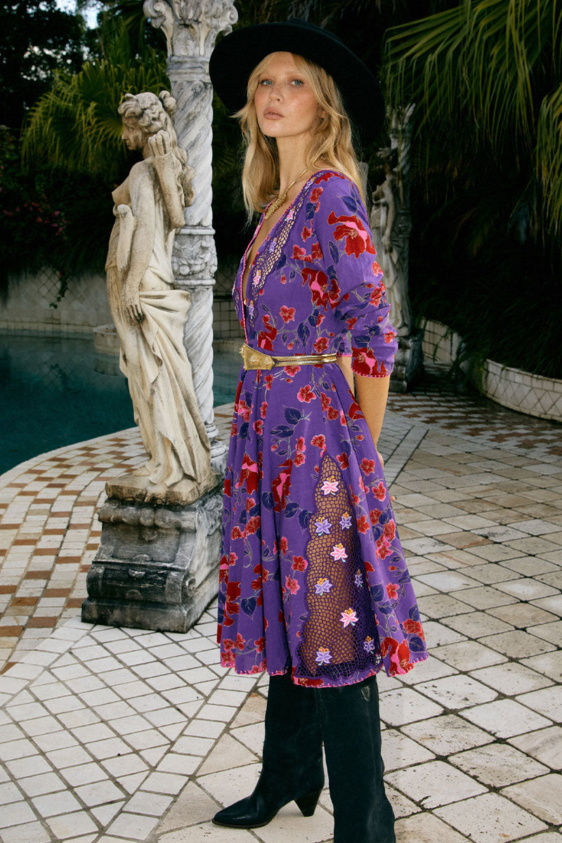 Streets Of Love Cutwork Embroidered Midi Dress - Magenta Floral - Chasing Unicorns