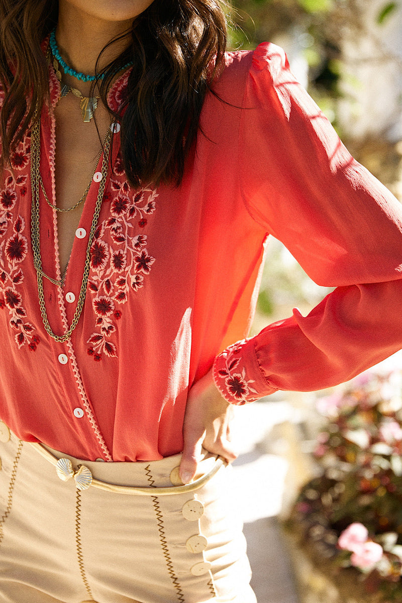 Swinging Doors Silk Crepe Embroidered Blouse - Chasing Unicorns