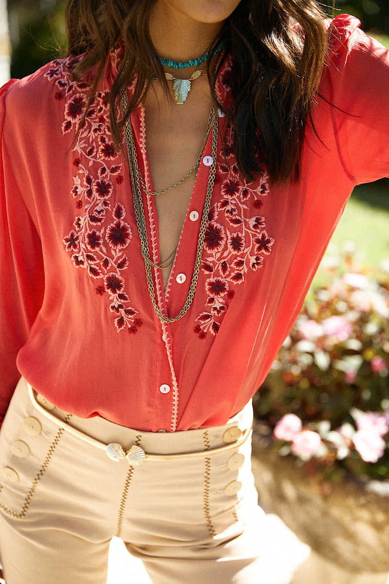 Swinging Doors Silk Crepe Embroidered Blouse - Chasing Unicorns