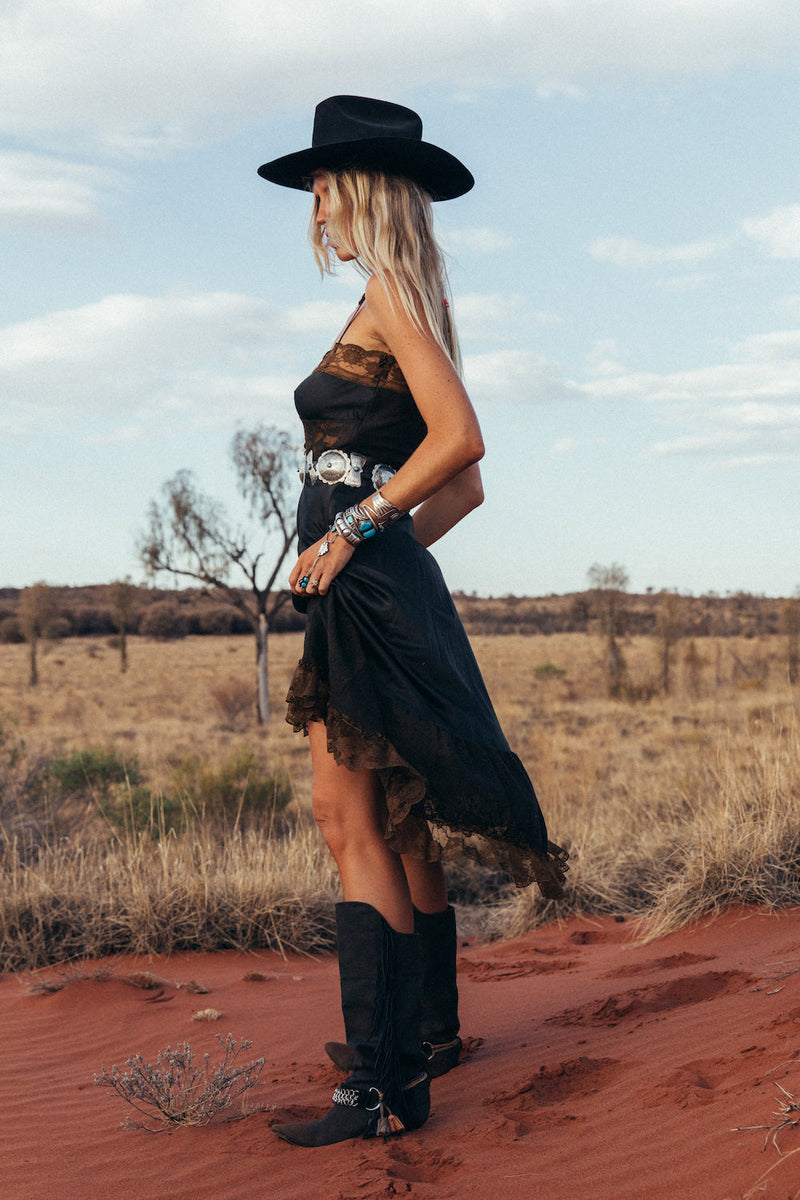 Take The Long Road Home Silk + Lace Slip Dress - Black - Chasing Unicorns