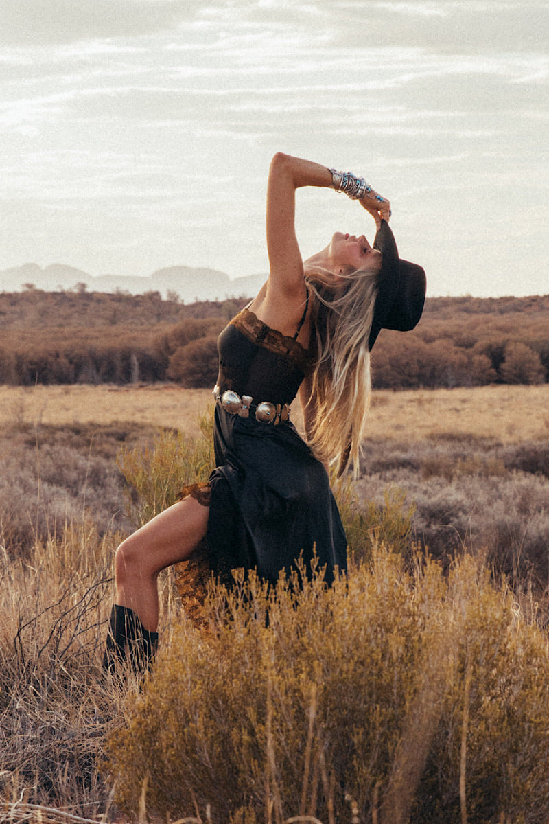 Take The Long Road Home Silk + Lace Slip Dress - Black - Chasing Unicorns