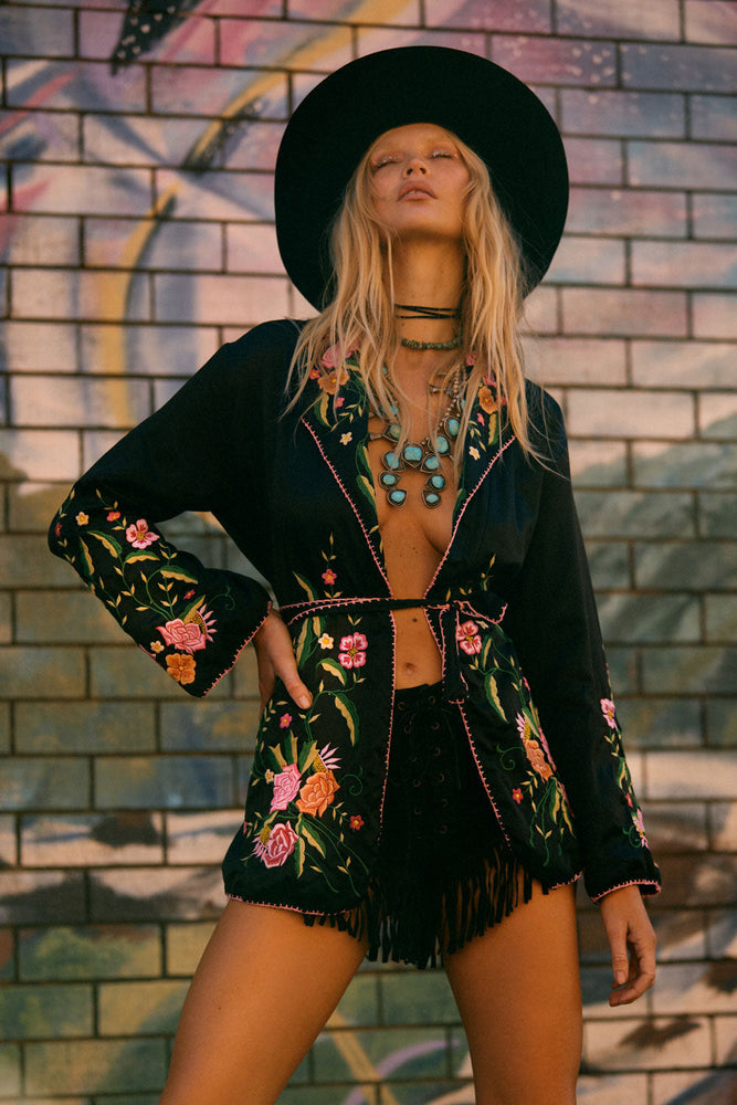 The Best Of My Love Silk + Embroidered Smoking Jacket - Black