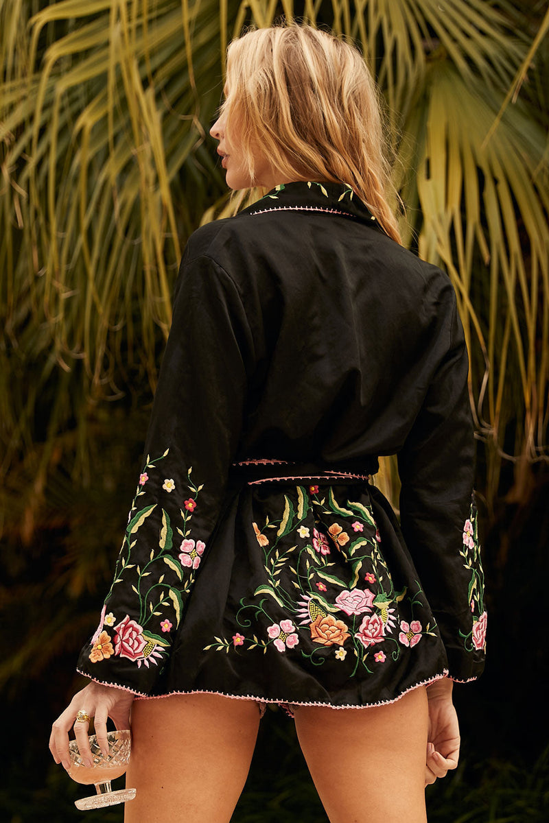 The Best Of My Love Silk + Embroidered Smoking Jacket - Black - Chasing Unicorns